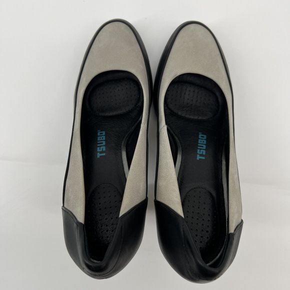Tsubo Pumps Women's 8.5 Black Leather Gray Suede Stacked 4” Heels Buttery Soft‎ - Picture 6 of 11